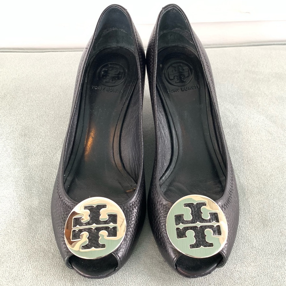 Tory Burch Sally Peep Toe Wedge Black Leather